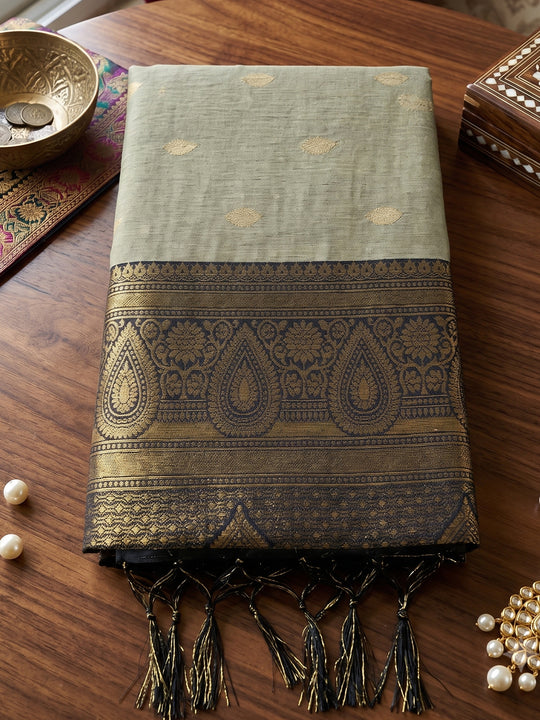 Chiku With Black Cotton Saree With Blouse Piece