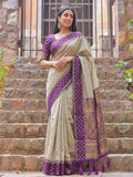 Chiku With Purple Cotton Saree With Blouse Piece