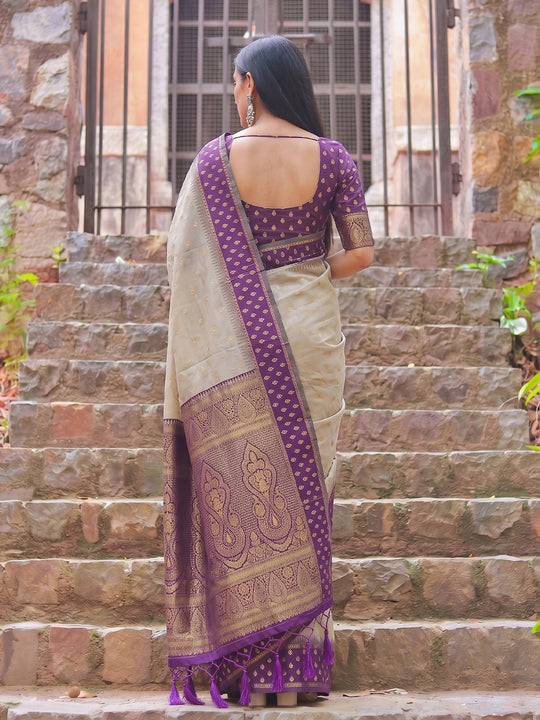 Chiku With Purple Cotton Saree With Blouse Piece
