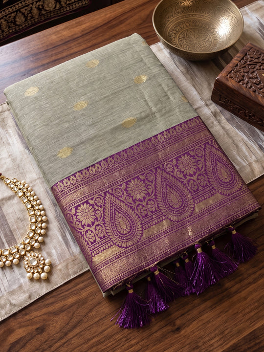 Chiku With Purple Cotton Saree With Blouse Piece