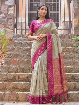 Chiku With Pink Cotton Saree With Blouse Piece