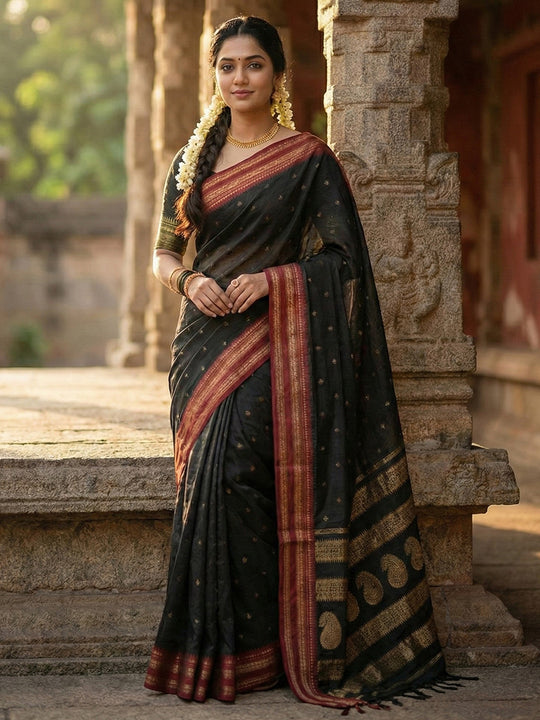 Black Soft Silk Saree With Blouse Piece