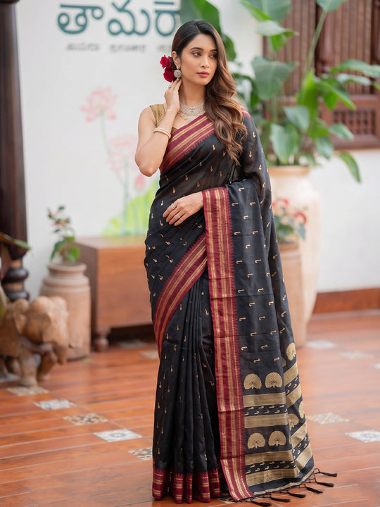 Black Soft Silk Saree With Blouse Piece