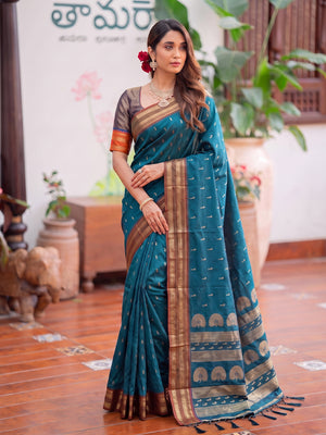 Rama Blue Soft Silk Saree With Blouse Piece