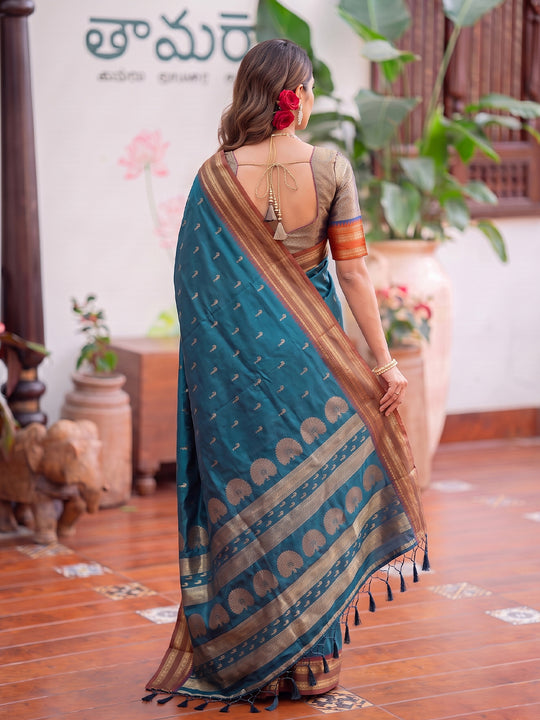 Rama Blue Soft Silk Saree With Blouse Piece