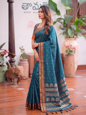 Rama Blue Soft Silk Saree With Blouse Piece