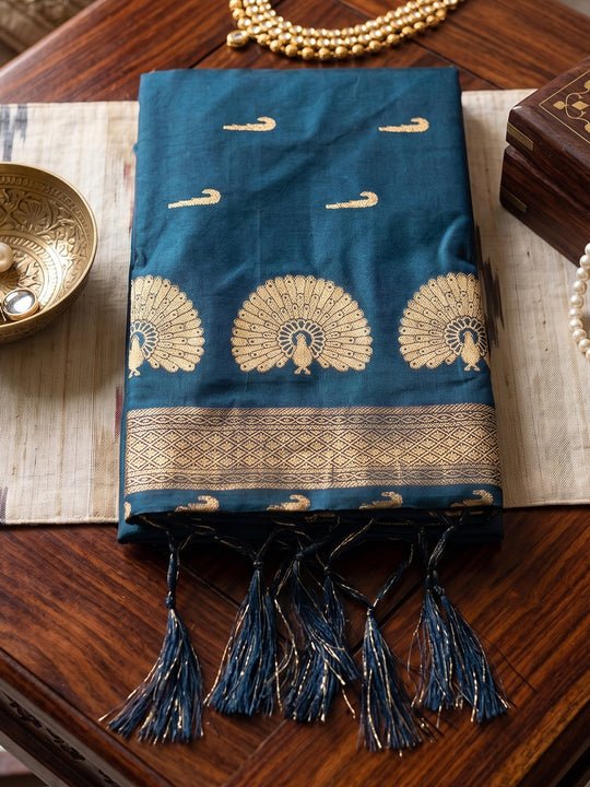 Rama Blue Soft Silk Saree With Blouse Piece