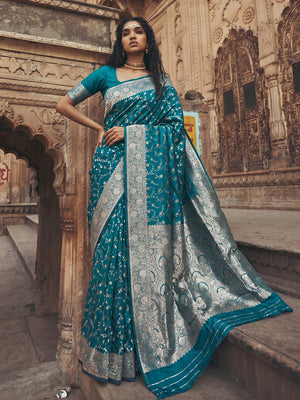 Rama Blue Art Silk Saree With Blouse Piece