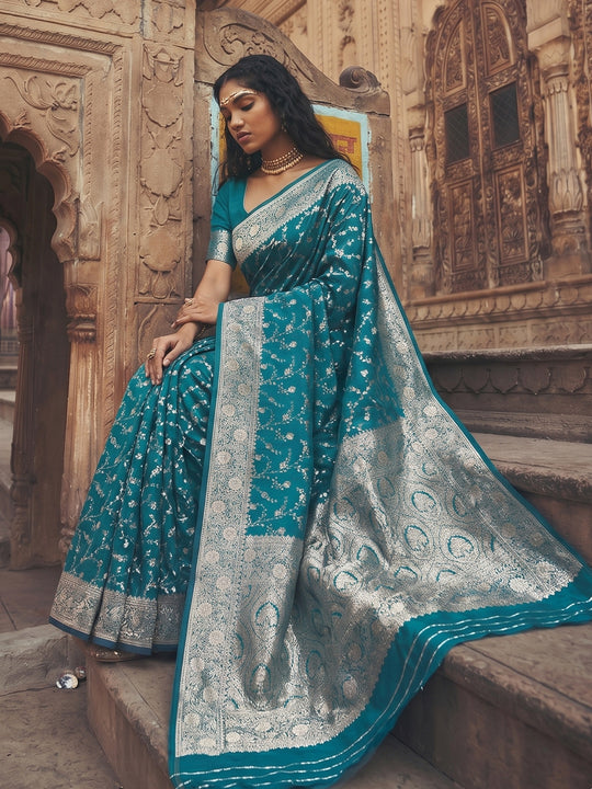Rama Blue Art Silk Saree With Blouse Piece