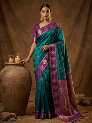 Teal Green Soft Silk Saree With Blouse Piece