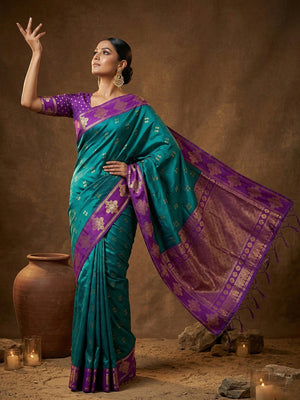 Teal Green Soft Silk Saree With Blouse Piece
