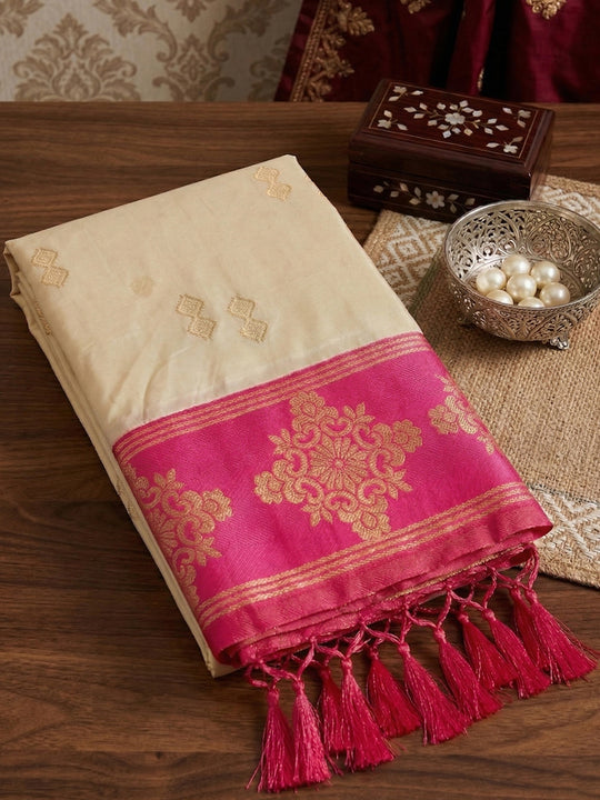 Cream Soft Silk Saree With Blouse Piece