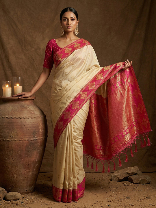 Cream Soft Silk Saree With Blouse Piece