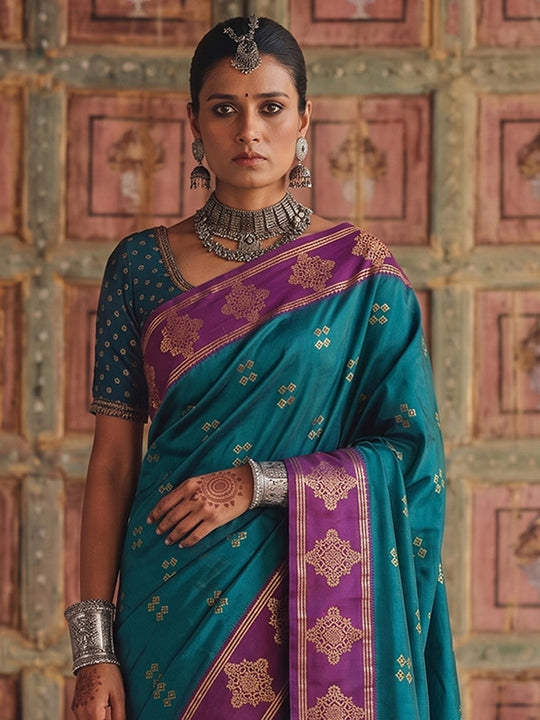 Teal Green Soft Silk Saree With Blouse Piece