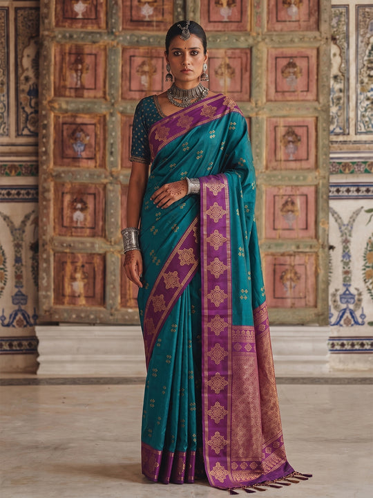 Teal Green Soft Silk Saree With Blouse Piece