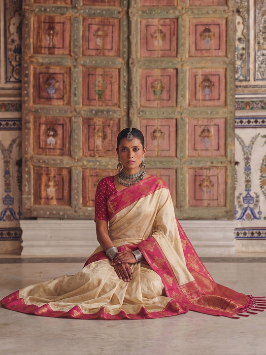 Cream Soft Silk Saree With Blouse Piece