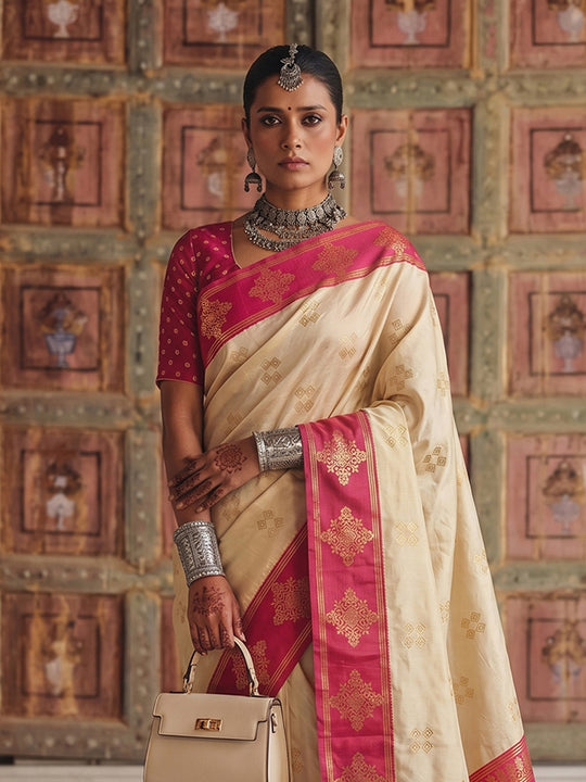 Cream Soft Silk Saree With Blouse Piece
