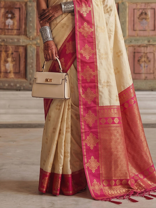 Cream Soft Silk Saree With Blouse Piece