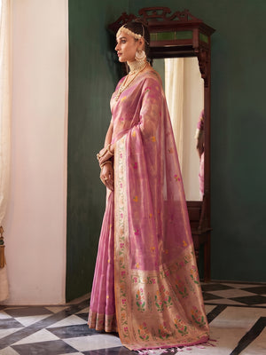 Dusty Pink Tissue Silk Saree With Blouse Piece