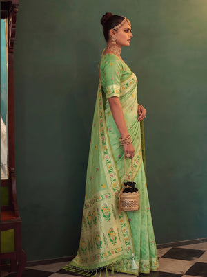 Pista Green Tissue Silk Saree With Blouse Piece
