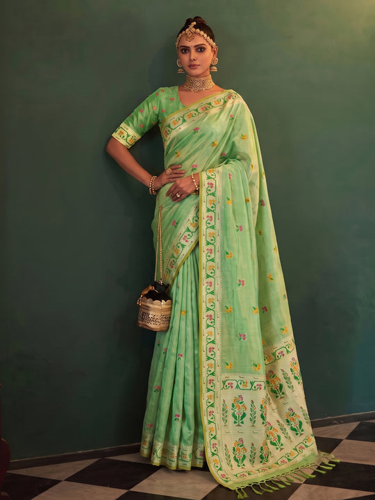 Pista Green Tissue Silk Saree With Blouse Piece