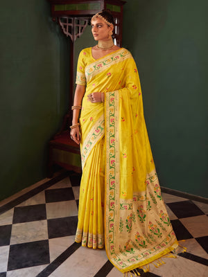 Yellow Tissue Silk Saree With Blouse Piece