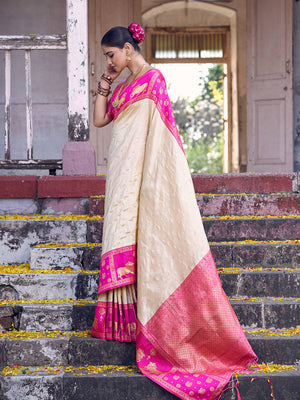 Cream Soft Silk Saree With Blouse Piece