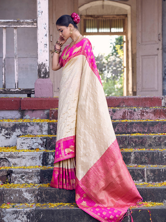 Cream Soft Silk Saree With Blouse Piece