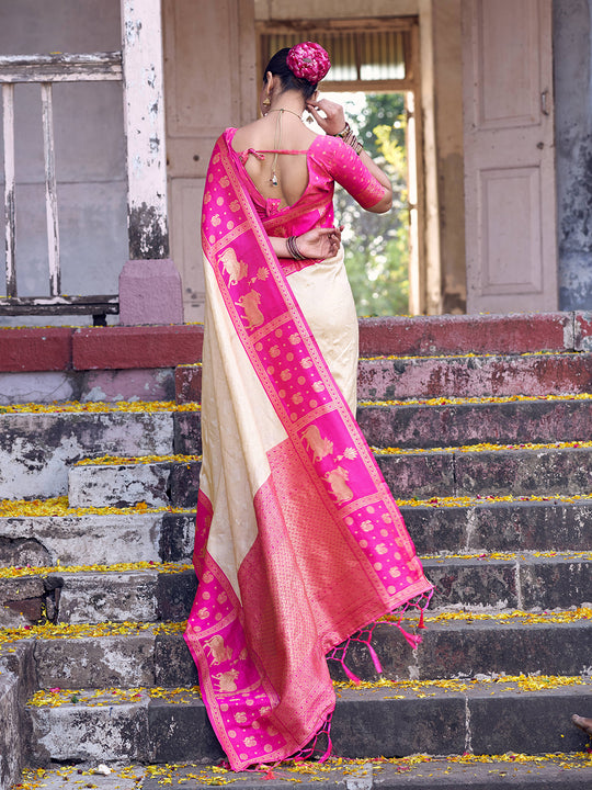 Cream Soft Silk Saree With Blouse Piece