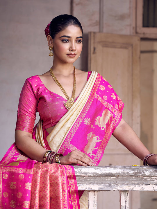 Cream Soft Silk Saree With Blouse Piece