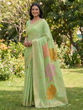 Green Linen Cotton Saree With Blouse Piece