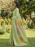 Green Linen Cotton Saree With Blouse Piece
