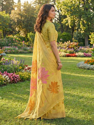 Yellow Linen Cotton Saree With Blouse Piece