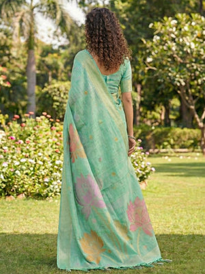 Sea Green Linen Cotton Saree With Blouse Piece