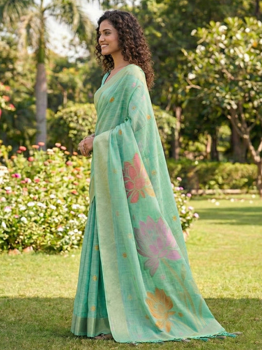Sea Green Linen Cotton Saree With Blouse Piece