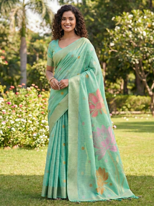 Sea Green Linen Cotton Saree With Blouse Piece