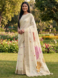 White Linen Cotton Saree With Blouse Piece