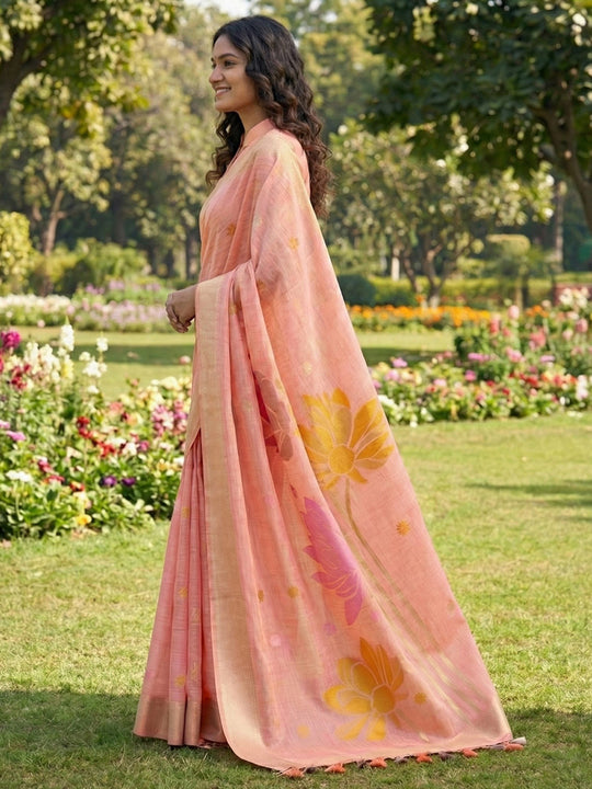 Peach Linen Cotton Saree With Blouse Piece