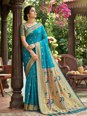 SKY BLUE SOFT SILK Saree With Blouse Piece