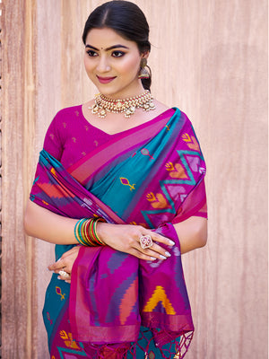 Sea Green Blue Pochampalli Silk Saree With Blouse Piece