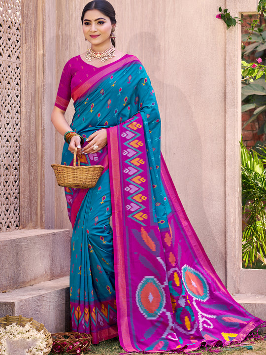 Sea Green Blue Pochampalli Silk Saree With Blouse Piece