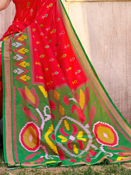 Red Pochampalli Silk Saree With Blouse Piece