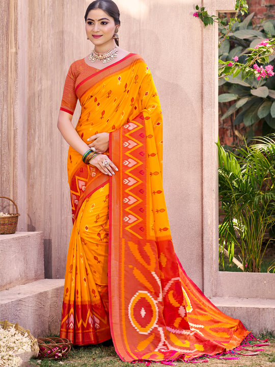 Yellow Pochampalli Silk Saree With Blouse Piece