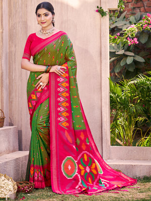 Mehandi Pochampalli Silk Saree With Blouse Piece