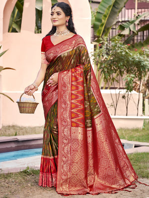 Mehndi Pochampalli Silk Saree With Blouse Piece