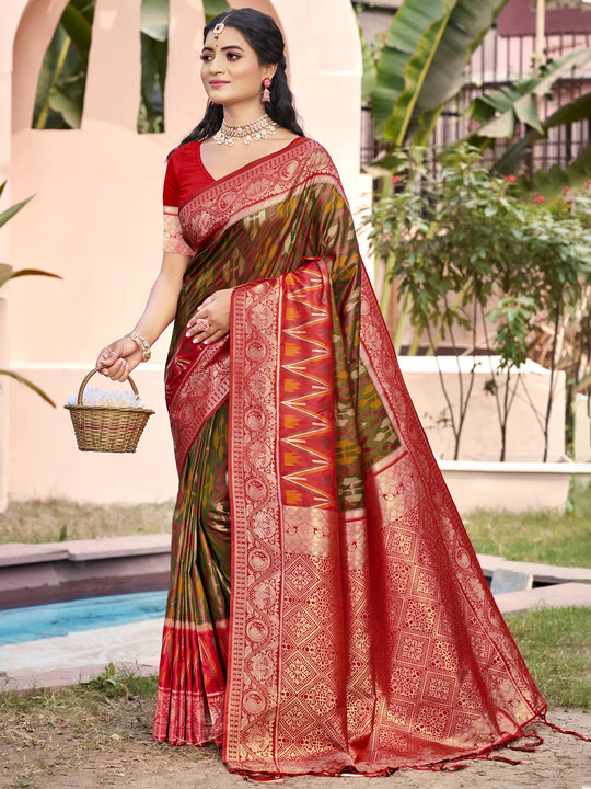 Mehndi Pochampalli Silk Saree With Blouse Piece