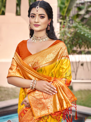 Yellow Pochampalli Silk Saree With Blouse Piece