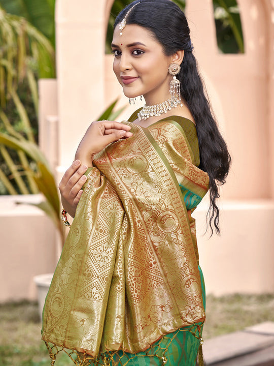 Rama Green Pochampalli Silk Saree With Blouse Piece