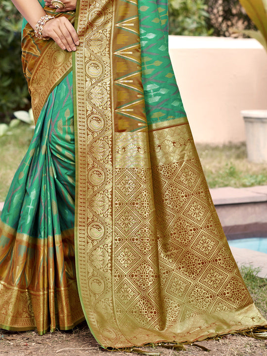 Rama Green Pochampalli Silk Saree With Blouse Piece