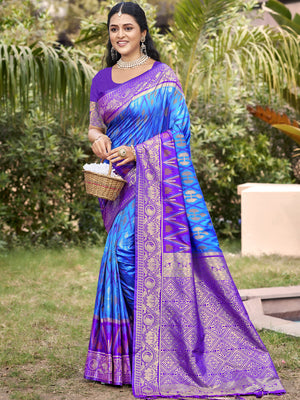 Sky blue Pochampalli Silk Saree With Blouse Piece